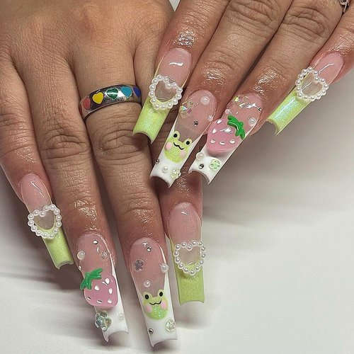 24Pcs Long Press on Nails Square Fake Nails French False Nails with Cute Frog & 3D Strawberry Designs Pearl Press on Nails Full Cover Stick on Nails for Women and Girls Reusable Acrylic Nails