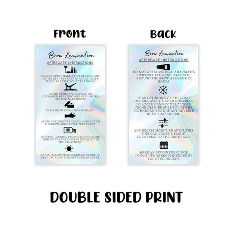Brow Lamination Aftercare Cards | 50 Pack | 2x3.5” inches Business Card Size | Starter Lift Kit At Home DIY Brow Lift and Tint | Snatched Brows Non Reflect Matte Rainbow Holographic Look Design