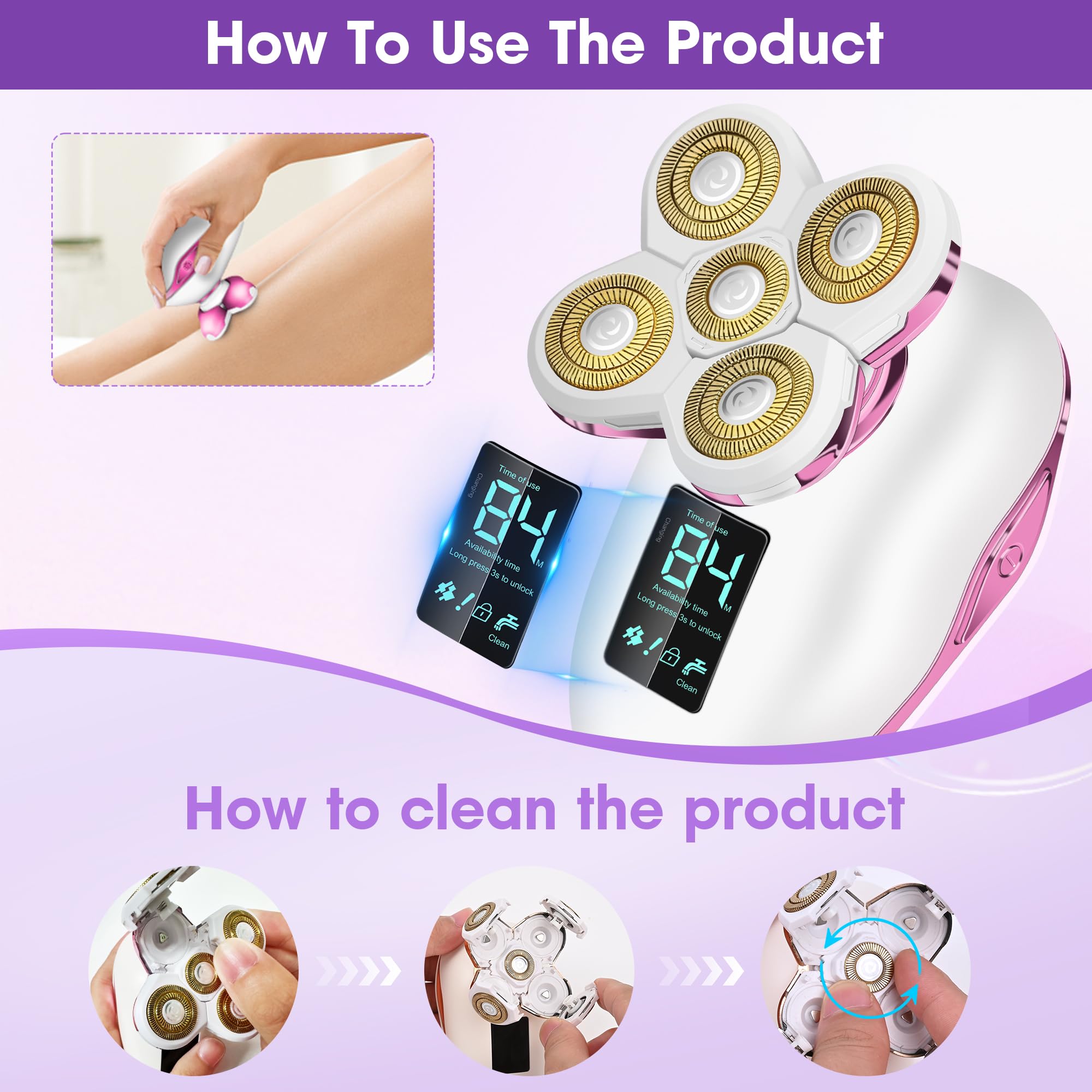 Electric Razors for Women-5D Floating Head IPX7 Waterproof Wet Dry Leg Hair Trimmer, USB-C