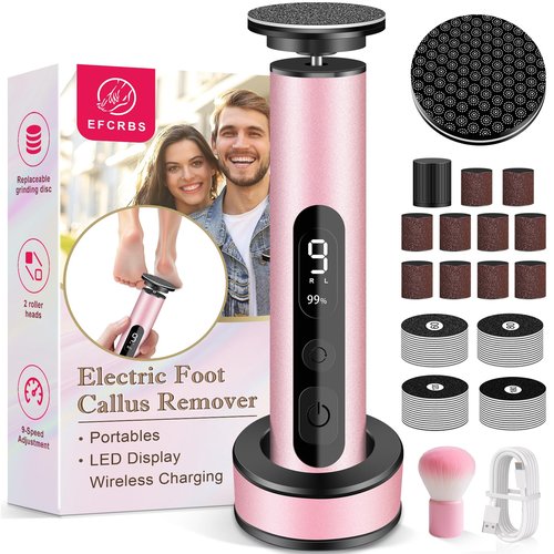 EFCRBS Electric Foot Callus Remover with LED Battery Level & 9-Speed Control Display. Callus Remover for Feet with Wireless Charger, Multi-sandpape (70 Sheets) & Nano Glass Head for Dead Skin (Pink)