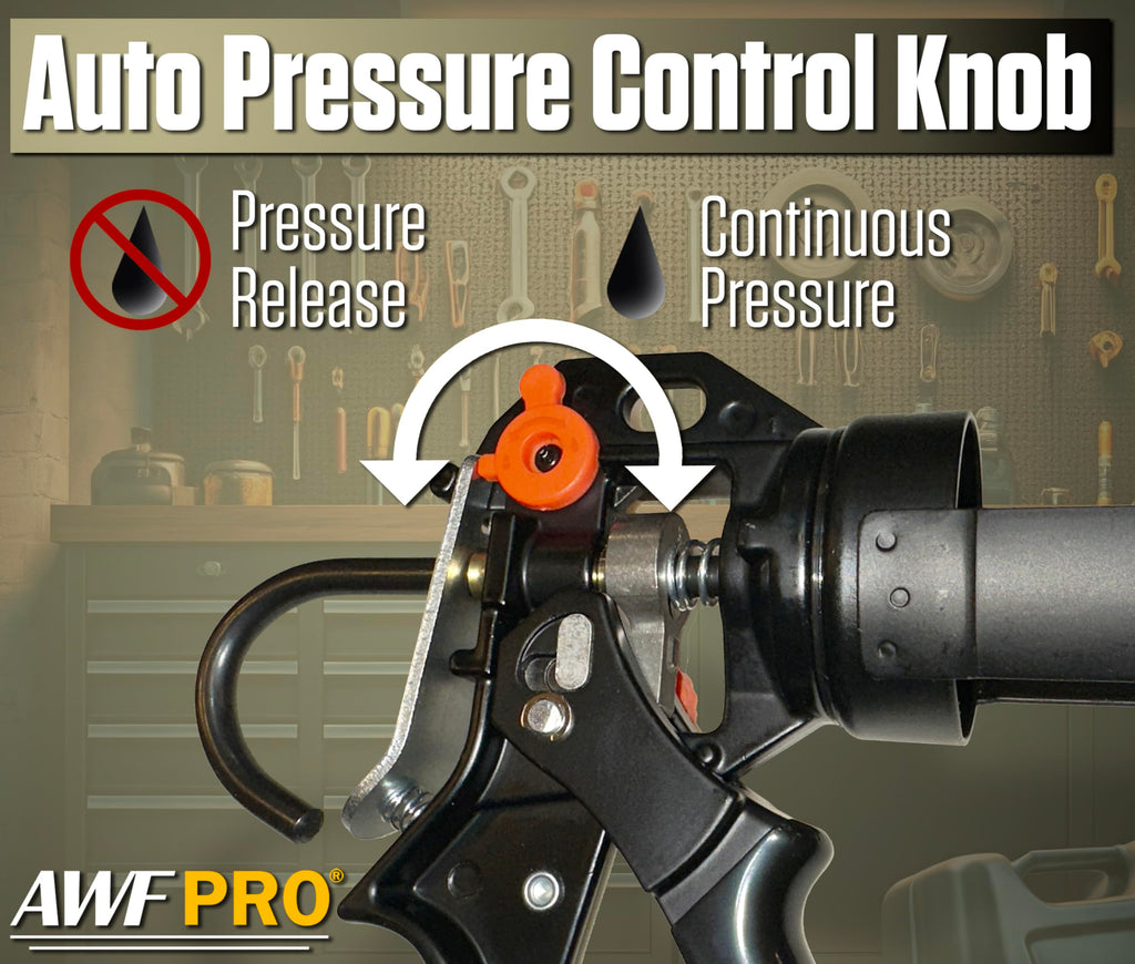AWF PRO 29 oz Dual Thrust Caulk Gun, 25:1 or 12:1 Thrust Ratio, No Drip, Rotating Barrel, Comfort Grip, with Built-In Puncture Tool