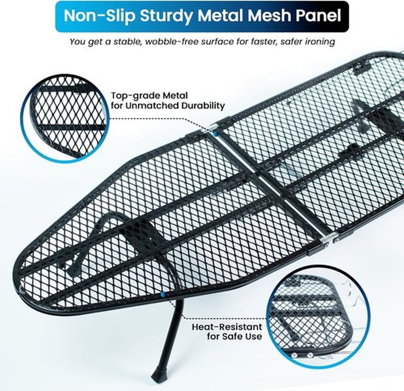 Regine Switzerland Metal Mesh Panel Ironing Board - Foldable Heavy-Duty Design with Heat-Resistant Cover & 100% Cotton 8mm Thick Pad (Grey)