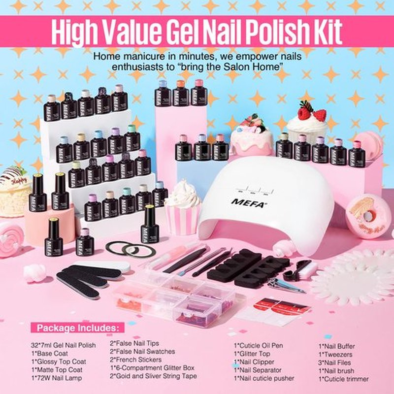 MEFA 32 Colors Gel Nail Polish Kit with U V Light, Spring Gel Nail Kit Pastel Pink Blue Glitter Gel Nail Polish Set Manicure Tool Nail Art Decorations Gift
