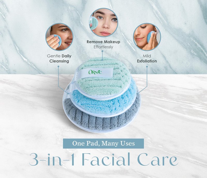 Ornic Reusable Makeup Remover Pads – Ultra-Soft Microfiber Face Pads – Eco-Friendly Facial Cleansing Discs for All Skin Types – 3 Sizes for Full Face & Eyes
