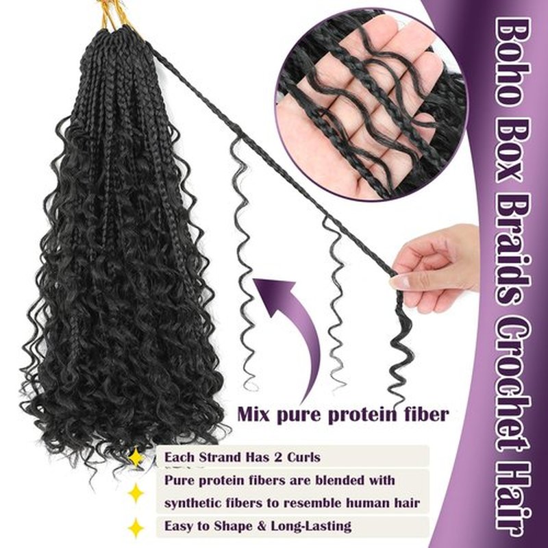 QQPIKHU 10 Packs Boho Crochet Braids Mix Protein Fiber 24 Inch Goddess Box Braids Crochet Hair Pre Looped Bohemian Box Braid with Curly Ends for Women Hair Extensions 1B