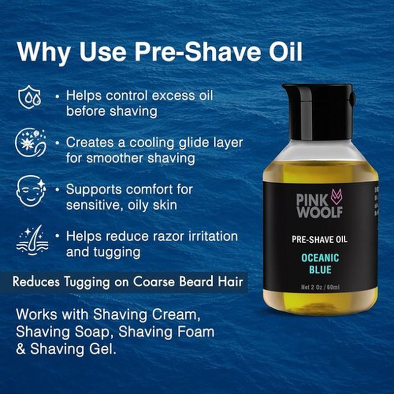Pink Woolf Pre Shave Oil for Men - Oceanic Blue Beard Softener for Smooth Shaving - 2 Fl Oz