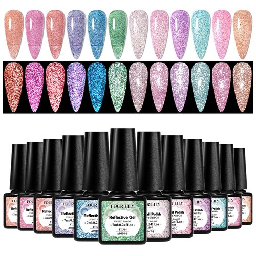 Four Lily Reflective Glitter Gel Polish 12 Colors Sparkle Gel Nail Polish Set Diamond Shine Pink Purple Red Holographic Glitter Gel Soak off Uv LED Manicure Gifts for Women