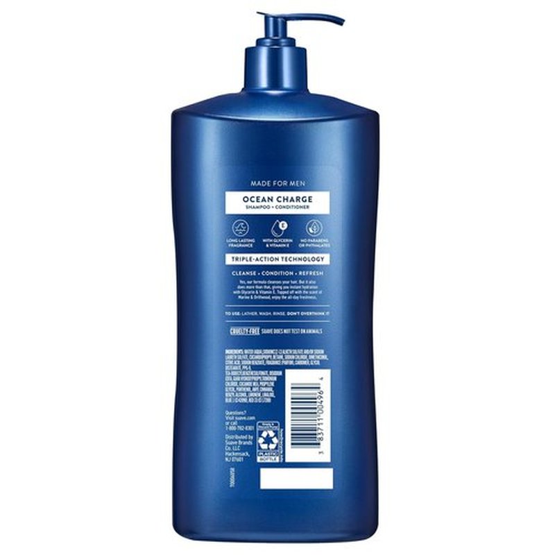 Suave Men Ocean Charge 2-in-1 Shampoo & Conditioner - Hydrating Formula with Pro Vitamin B5, Ocean Fresh Scent | 40 FL OZ Pump (4 Count)