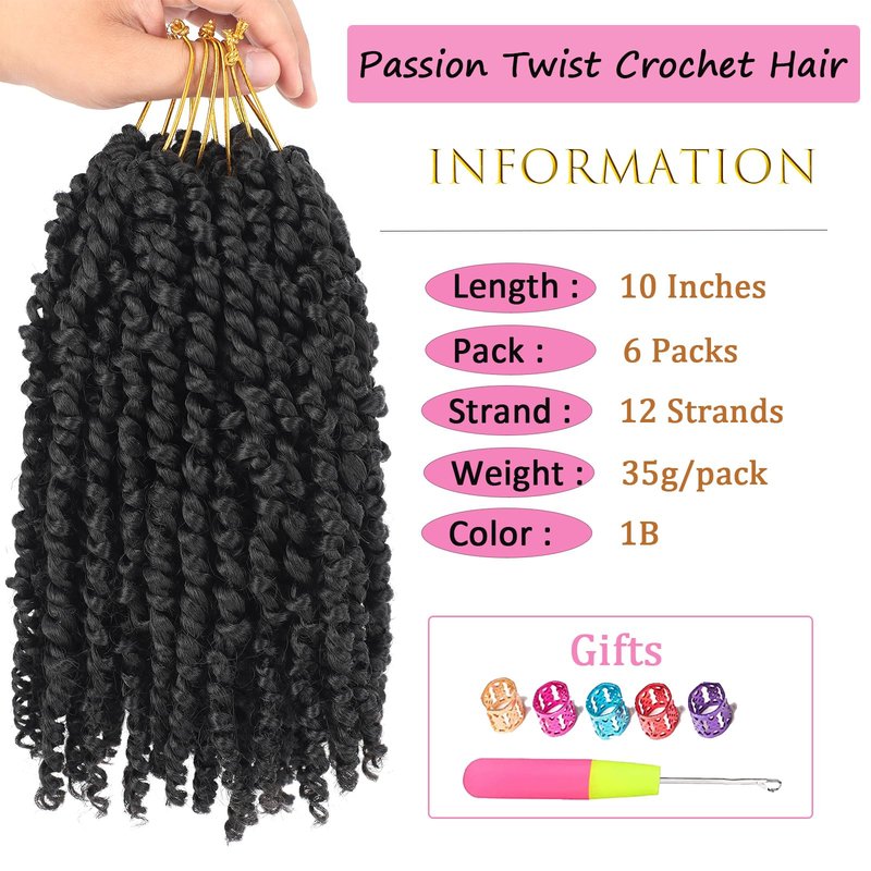 Zoewan Passion Twist Crochet Hair 10 Inch 6 Packs Pre-Twisted, Pre-Looped, Wavy, Curly, Short Bohemian Crochet Braids Hair for Black Women, Kids & Girls (10 Inch,1B)