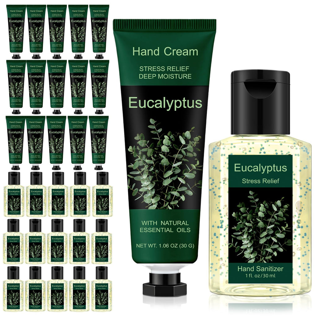 Frienda 48 Pcs Travel Size Hand Cream Hand Gel Gift Set Include Cream and Sanitizer Moisturizing 1 Fl oz Eucalyptus Scented Gift for Women Teacher Nurse Mothers