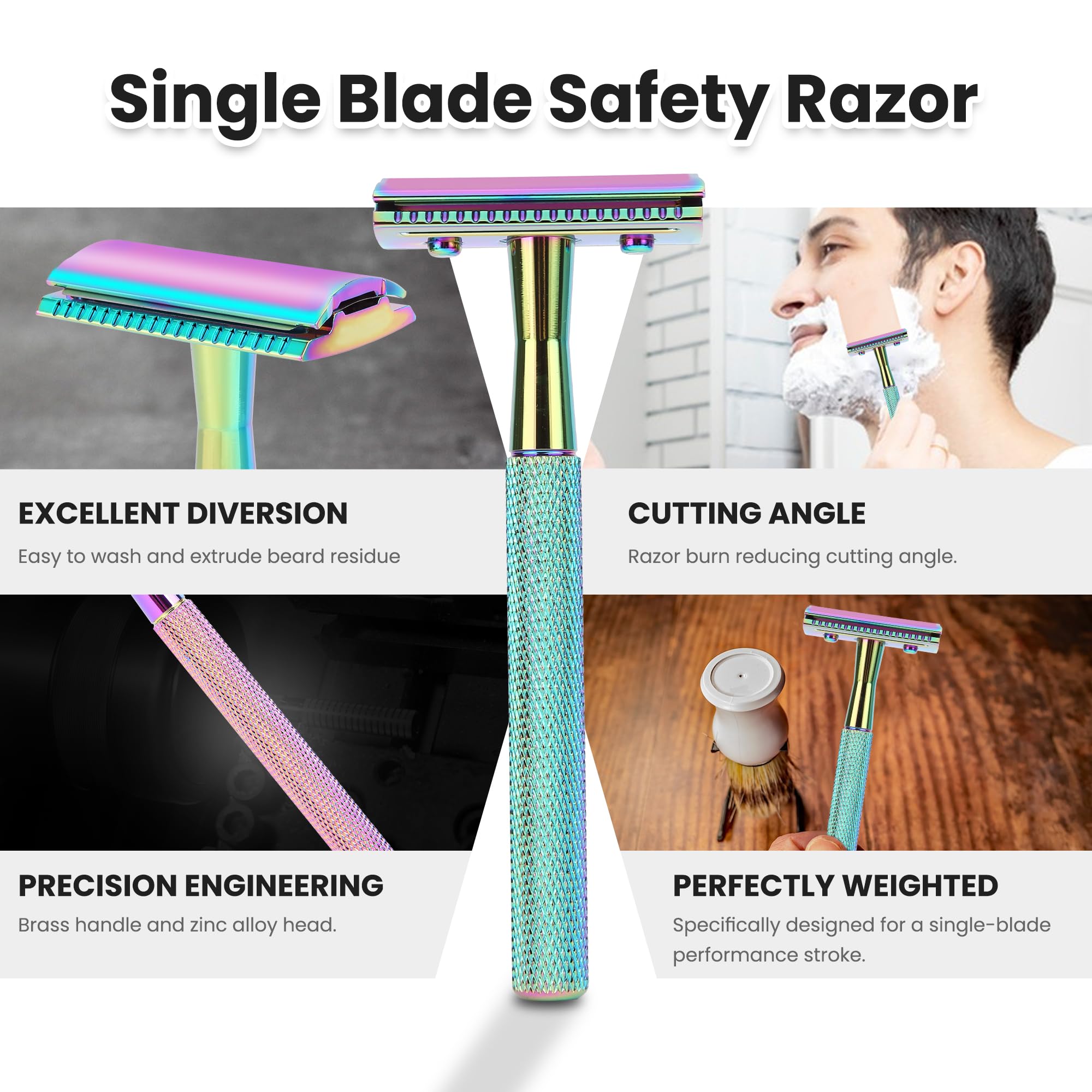 Keropy One Blade Safety Razor With Stand and 10 Premium Stainless Steel Reusable Safety Razor For Men and Women, Single Blade Safety Razors, Rainbow