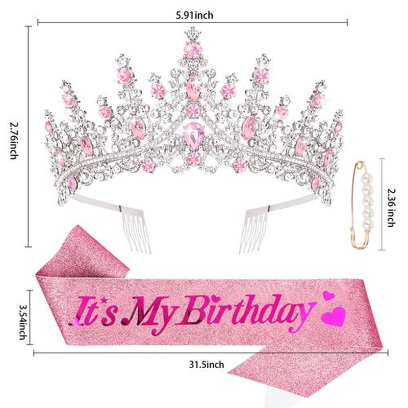 CURASA Birthday Sash and Crown for Women Pink Birthday Crown Tiara Adult Women Princess Crown Pink Decoration Party Favors Gifts