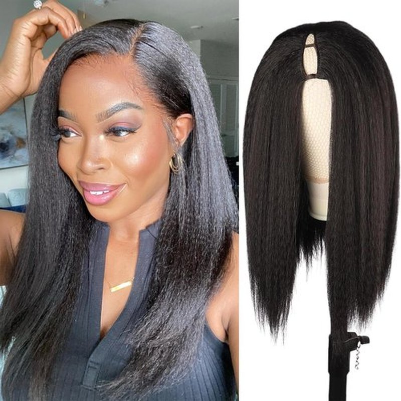 Enivuoso Yaki Straight V Part Wig Afro Kinky Straight Half Wig 180% Density Wear and Go Glueless Synthetic Half Wigs for Black Women, Synthetic No Leave out Clip in (#1B Black, 20 Inch)