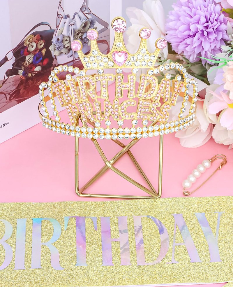 Wecoe Gold Birthday Crown and Sash: Women's Princess Crown with Rhinestone Tiaras & Sash - Happy Birthday Party Favors & Decorations for Adult Women Celebrants
