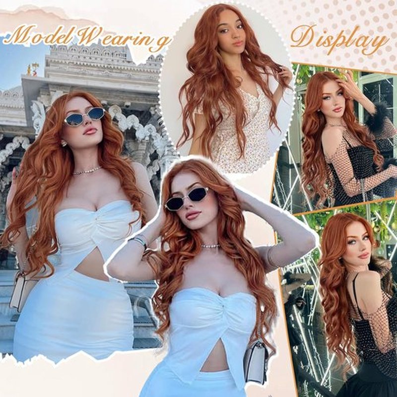 Lativ Auburn Synthetic Lace Front Wig,13x4 HD Lace Ginger Long Wavy Curly Glueless Wig for Women Daily Use 26 Inch