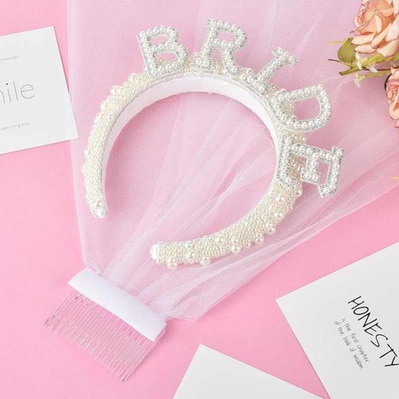 SUVO Pearl Bride Headband with Veil - Perfect for Bridal Shower and Bachelorette Party Decorations or Gifts
