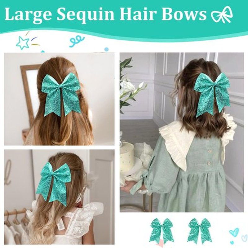 JOYOYO Aqua Glitter Cheerleader Bow Clips, 7.5 Inch Large Hair Bow, Ponytail Holder Hair Accessories for Girls, Women Teens for Cheerleading, Dance, Party