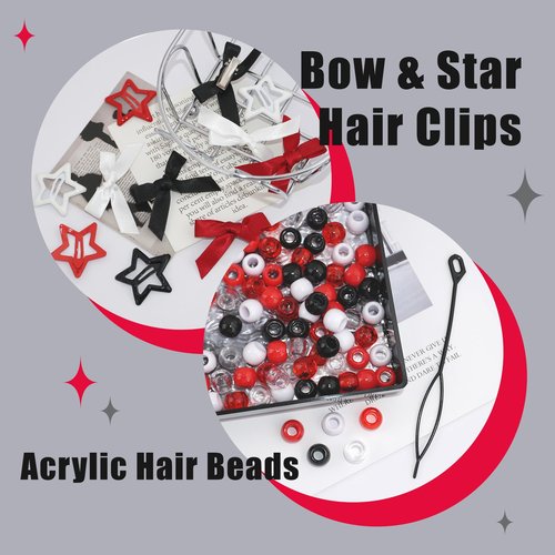 Arocooy 112PCS Hair Beads for Braids Satin Mini Hair Bows Red Non Slip Star Hair Clip 3 Styles Loc Dreadlock Large Pony Beads Hair Accessories for Girls Kids