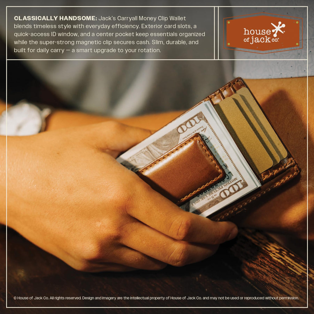 House of Jack Co. Carryall Men's Slim Money Clip Wallet, Super Strong Magnetic Clip Holds 15+ Bills, Full Grain Leather Slim Front Pocket Wallet, 9 Card Holder, Gift for Men, Tan