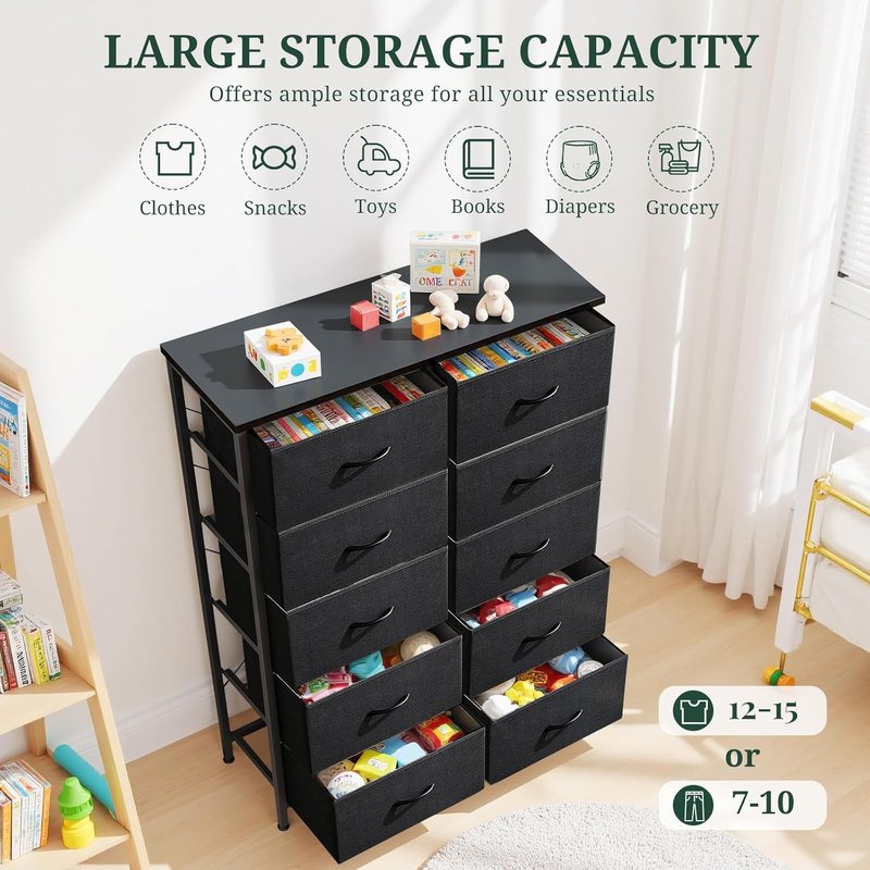 10-Drawer Dresser - Anti-Tip Tall Storage Organizer with Wooden Top & Metal Frame | Black Fabric Bins