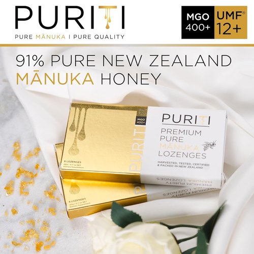 PURITI Premium Manuka Honey Lozenges - High Potency Sugar Free Cough Soothers | UMF Certified MGO 400+ (16 Pack)