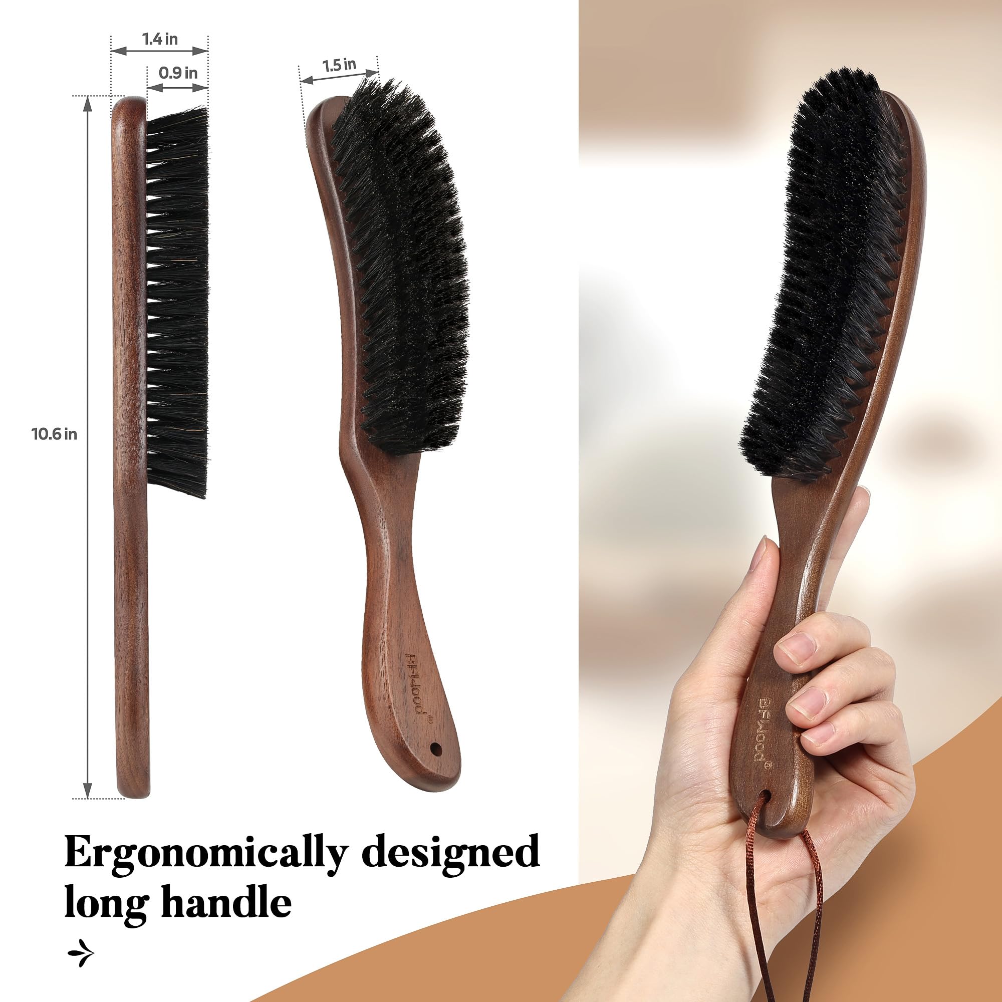 BFWood Clothes Brush, Boar Bristle Lint Brush for Suits, Cashmere, Wool, Velvet, Suede and Pet Hair, Large Black Walnut Wood Handle
