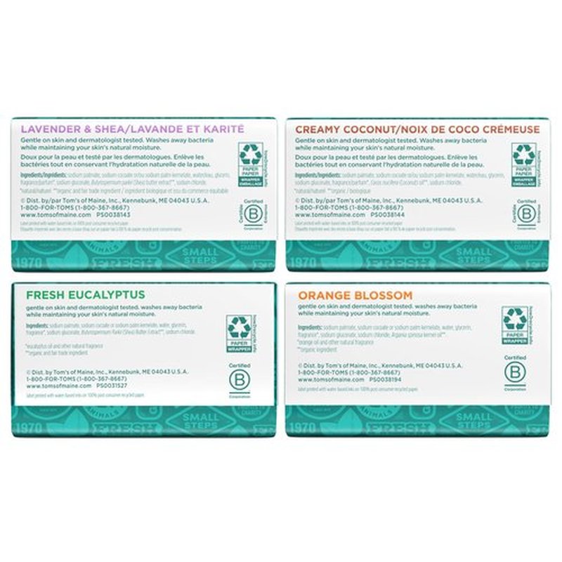 Tom’s of Maine Natural Bar Soap Variety Pack, Lavender & Shea, Creamy Coconut, Orange Blossom, Lemon Bergamot, Dermatologically Tested, Paraben Free, Vegan, 4 Count
