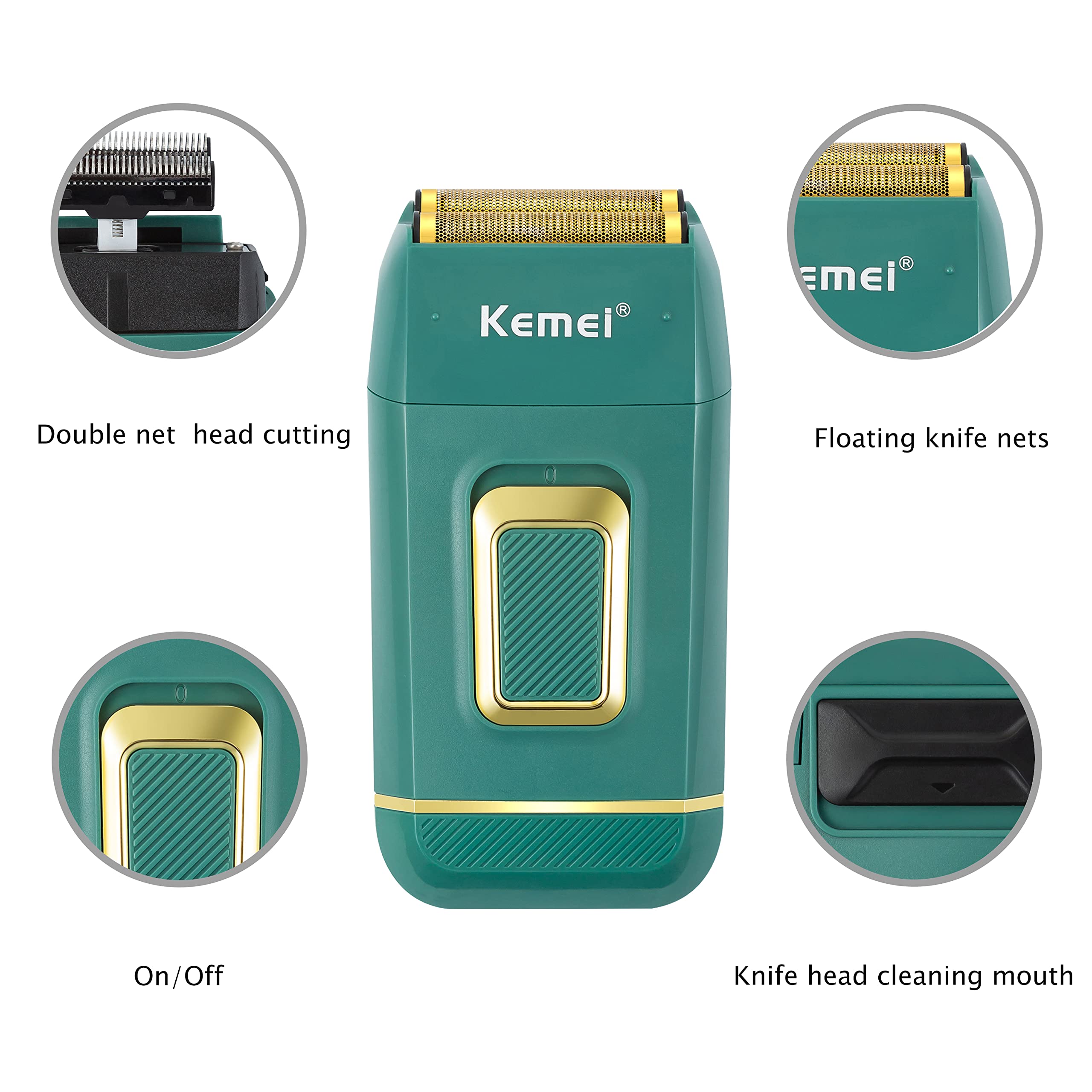 KEMEI Foil Shaver Double Electric Shaver for Men Electric Razors Head Shaver for Bald Men Barber Supplies Hair & Beard Trimmer Cordless Rechargeable, Green