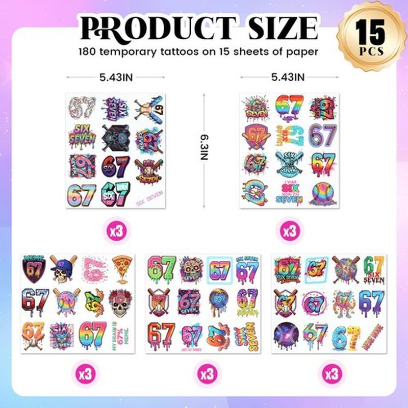 180PCS - 6 7 Temporary Tattoos, 6 7 Birthday Decorations, 67 Valentines Gift, Drip Baseball Temporary Tattoos, Ice Cream Drip Party Decorations, Baseball Drip Party Gift 15 Sheets 60 Styles