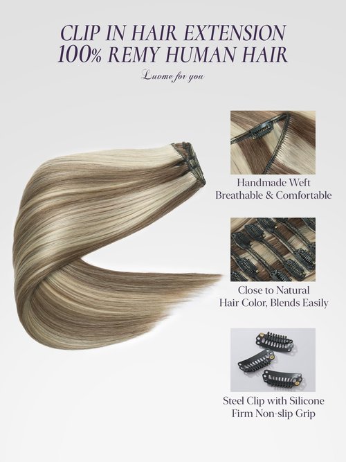 LUVME Handmade Weft Clip in Hair Extensions Human Hair 16 Inch 120g 7pcs Warm Ash Balayage Straight Seamless Blend Natural Look with Secure Clips