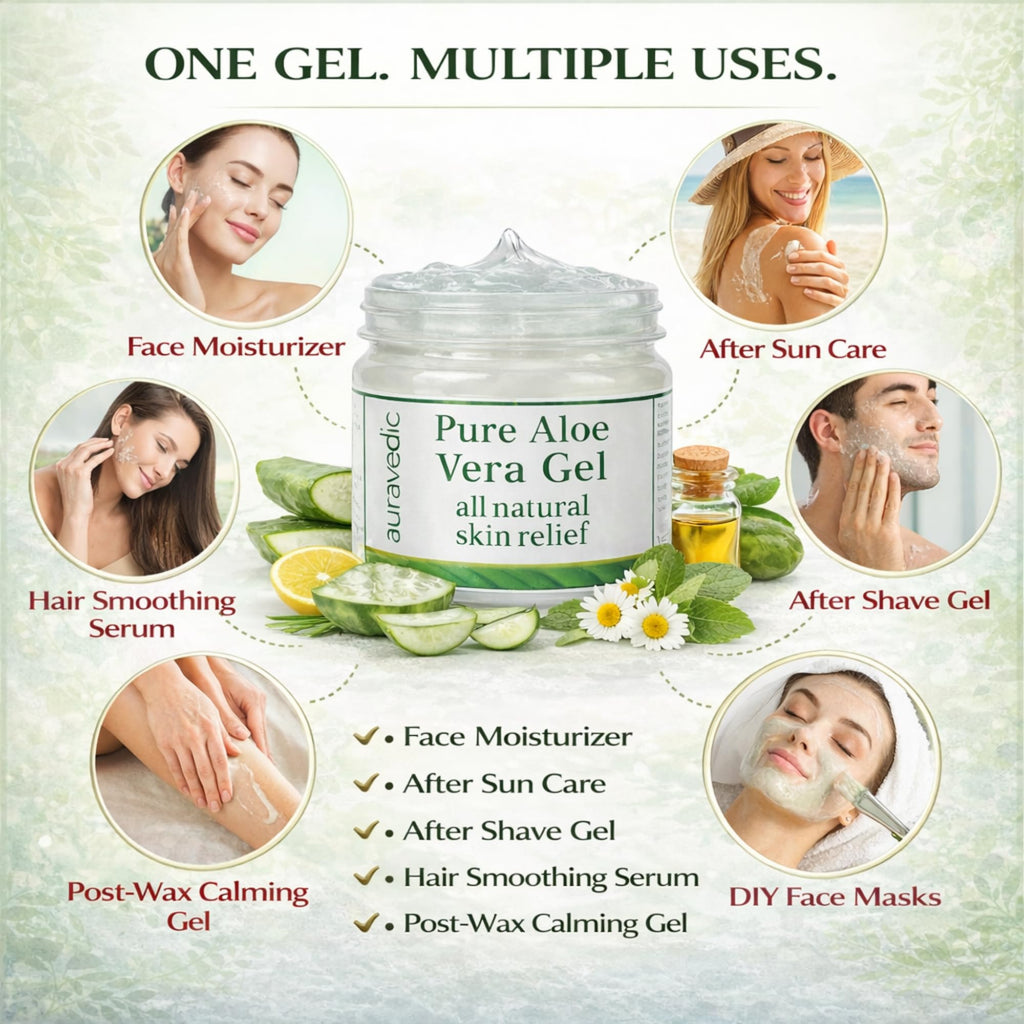 Auravedic Pure Aloe Vera Gel for Face, Body & Hair | Natural & Soothing Plant-Based Gel | Ideal for Daily Skincare, After-Sun Use & Hair Conditioning | Alcohol-Free | 7.05 Oz (200g)