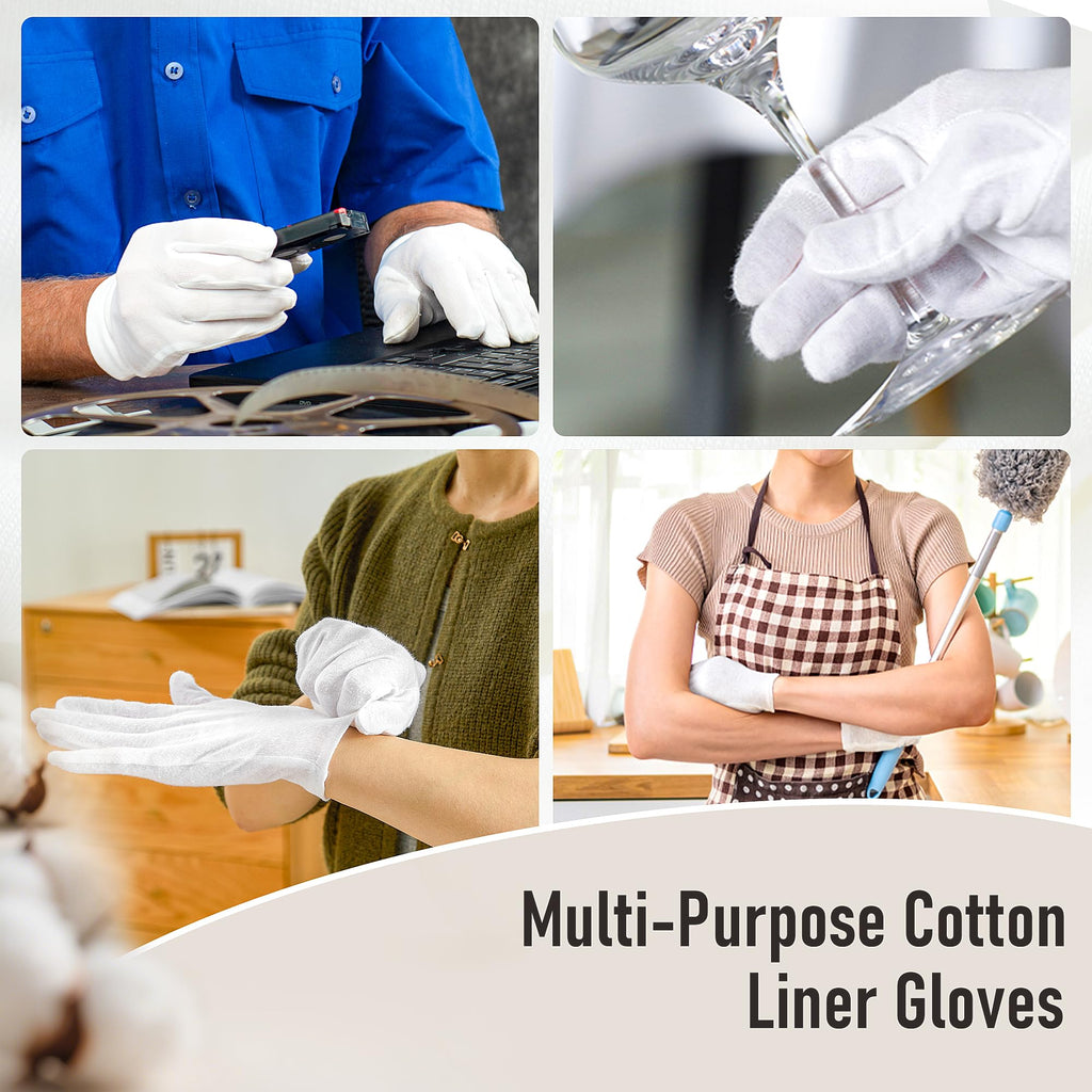 COOLJOB 100% Cotton Gloves, 6 Pairs White Cotton Gloves for Dry Hands Moisturizing & Eczema, Overnight Lotion, Sleep & Spa Treatment for Women & Men, Breathable Work Glove Liners, Large Size
