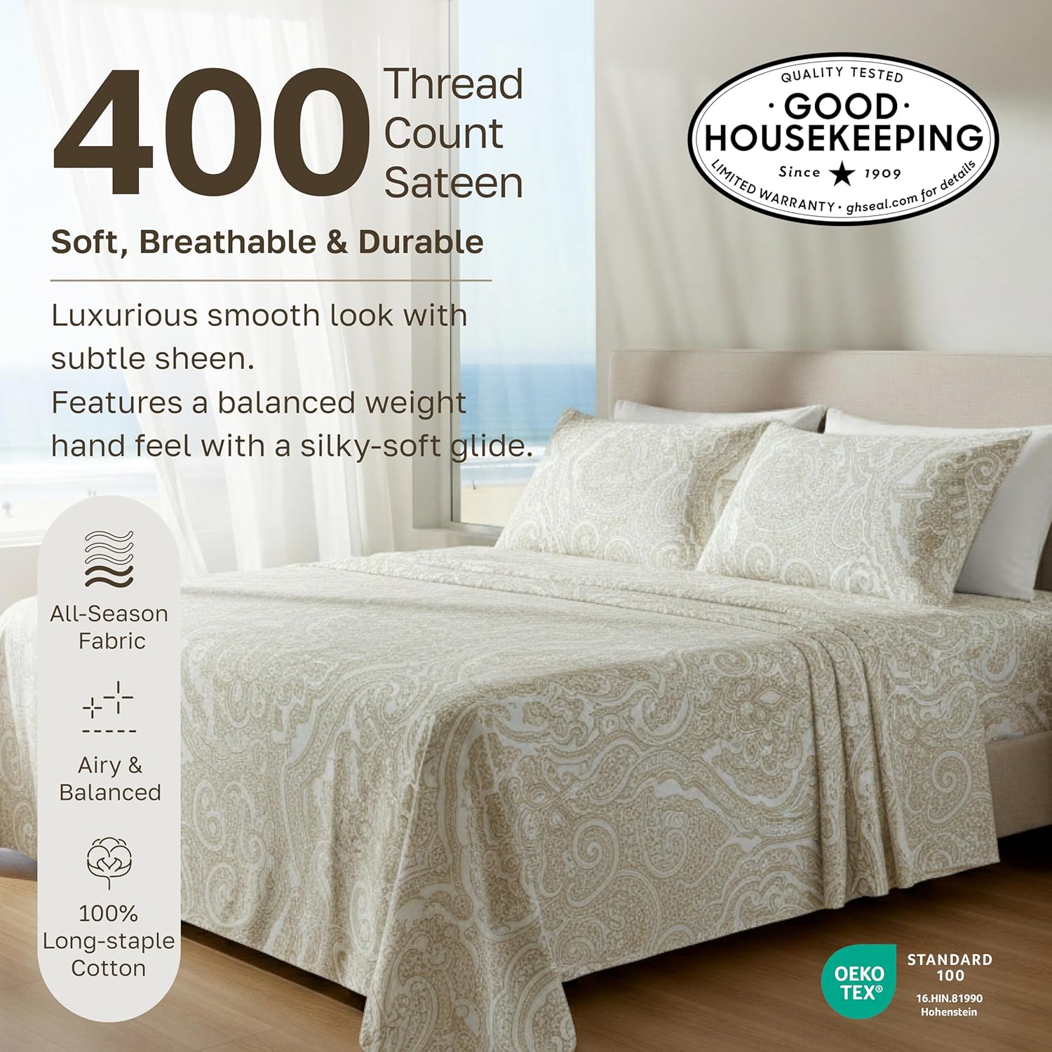 California Design Den King Size Cotton Sheets Set - 100% Soft Cotton, 400 TC, Award-Winning Sateen Finish, Deep Pockets - Paisley Beige