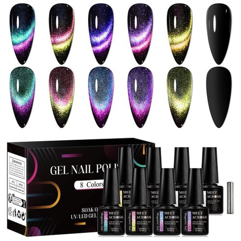 MEET ACROSS 8pcs Cat Eye Gel Nail Polish Set,Soak off UV LED Lamp Gel Nail Polish Cat Eye Gel Set (SET-7, 8pcs)