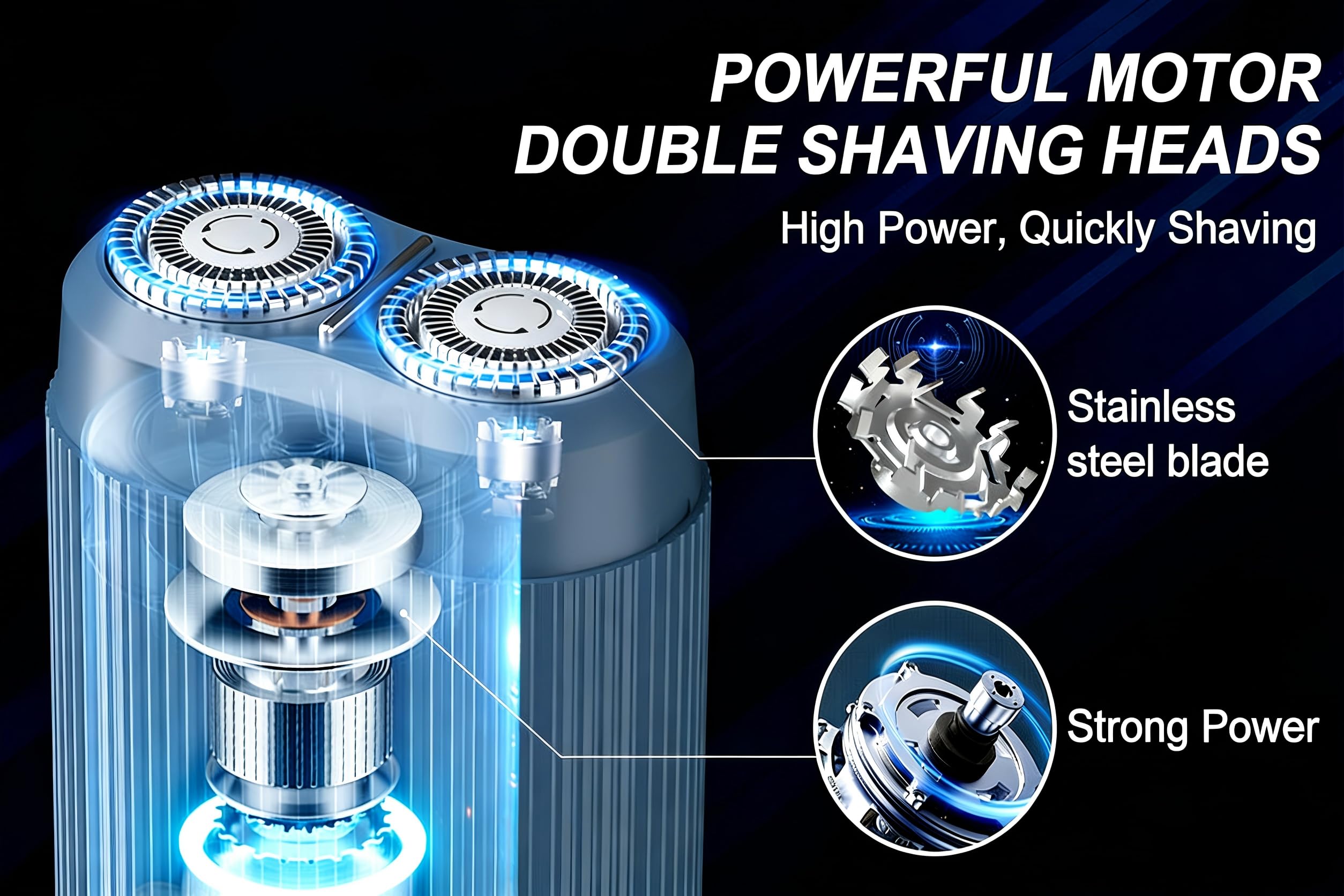 Dual Head Electric Shaver for Men, Rechargeable USB Portable Razor, Wet & Dry Washable Rotary Shaver, Compact Travel Shaver (Navy Blue)