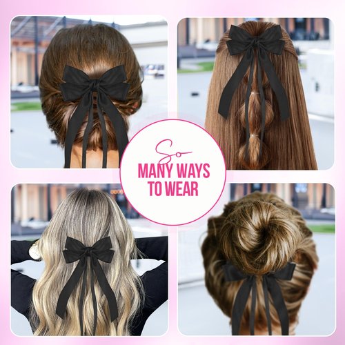 Styla 3 Piece Satin Hair Bow Clips: Metal Alligator No Slip Design, Double Long Tail Ribbons for Women & Girls - Black