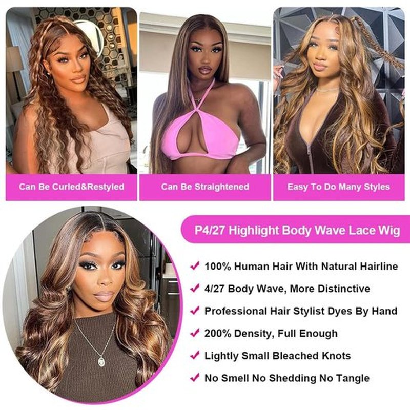 Mocwavy 13x6 Body Wave 200% Density Highlight Ombre Lace Front Wig Human Hair Glueless 24 inch HD Transparent 4/27 Honey Blonde Lace Frontal Wigs Human Hair Pre Plucked With Baby Hair