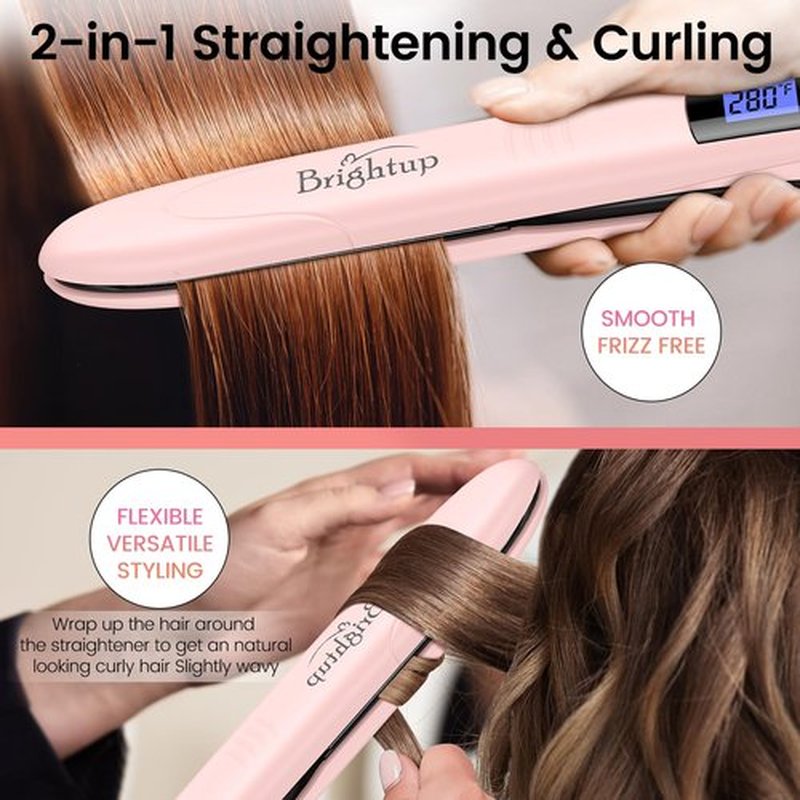 Brightup 2-in-1 Hair Straightener & Curler with 1" Vibrating Plates, Tourmaline Ceramic for Less Frizz & Shiny Smooth Hair, 20S Fast Heating, 10 Temp Settings & Auto Shut Off, Dual Voltage