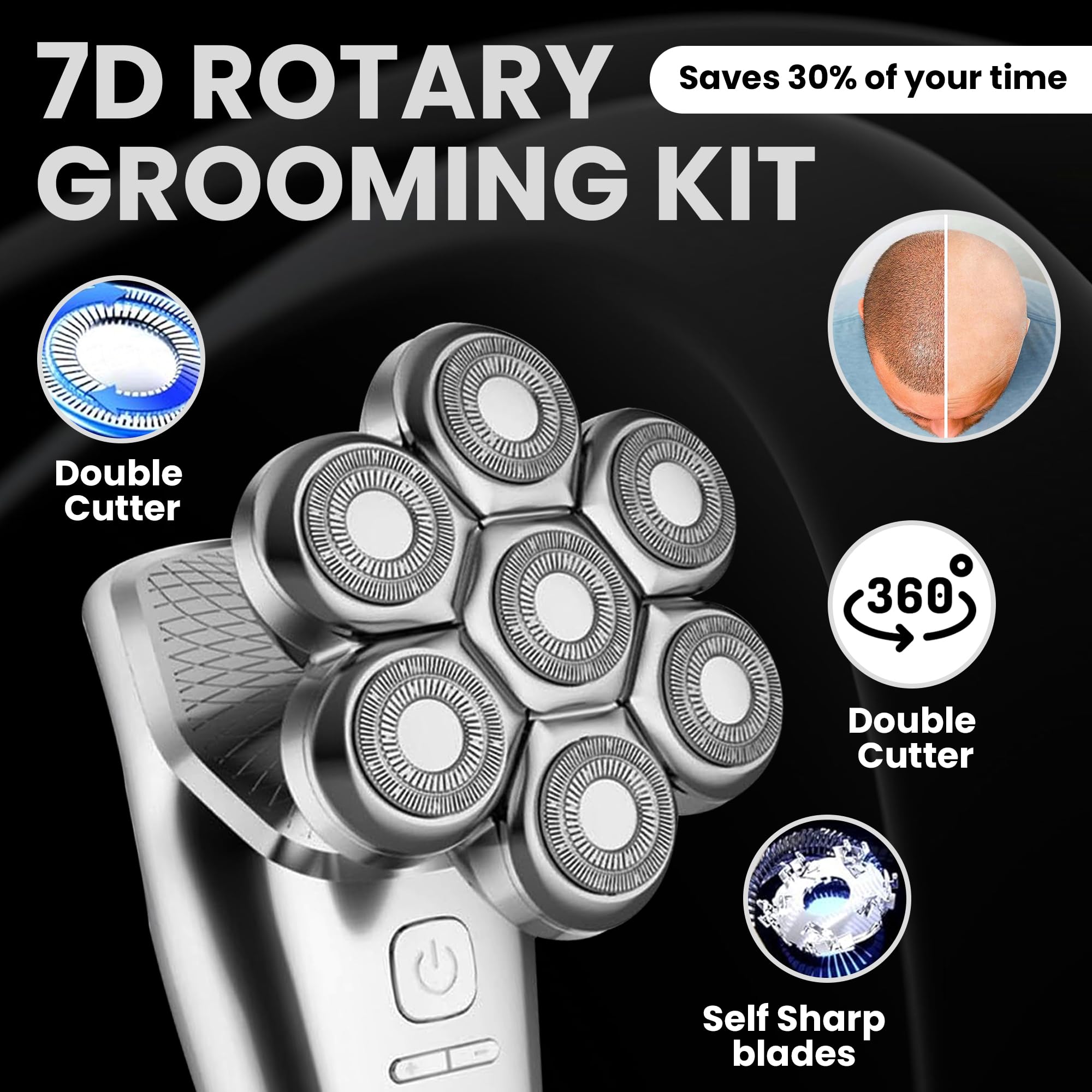 Head Shavers for Bald Men Electric Razor Detachable 7D Head Rotary Shavers, Nose Ear Face Body Hair Trimmer with Clippers IPX8 Waterproof Dry Wet Cordless Rechargeable Grooming Shaver