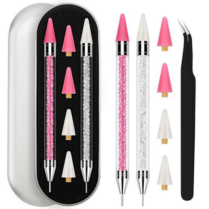 Rhinestone Picker Tool, 2 Rhinestone Tool Dual-Ended Wax Pen with 4PCS Replaceable Wax Tips and 1 Tweezers for DIY Nail Art Tool (Pink & White)