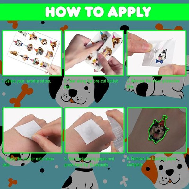 96 PCS Dog Pet Pre-Cut Luminous Glow in the dark Temporary Tattoos for Kids | Super Cute First Themed Birthday Party Favors, Supplies, Decorations, Animal Fake Tattoo Stickers Gifts for Boys Girls
