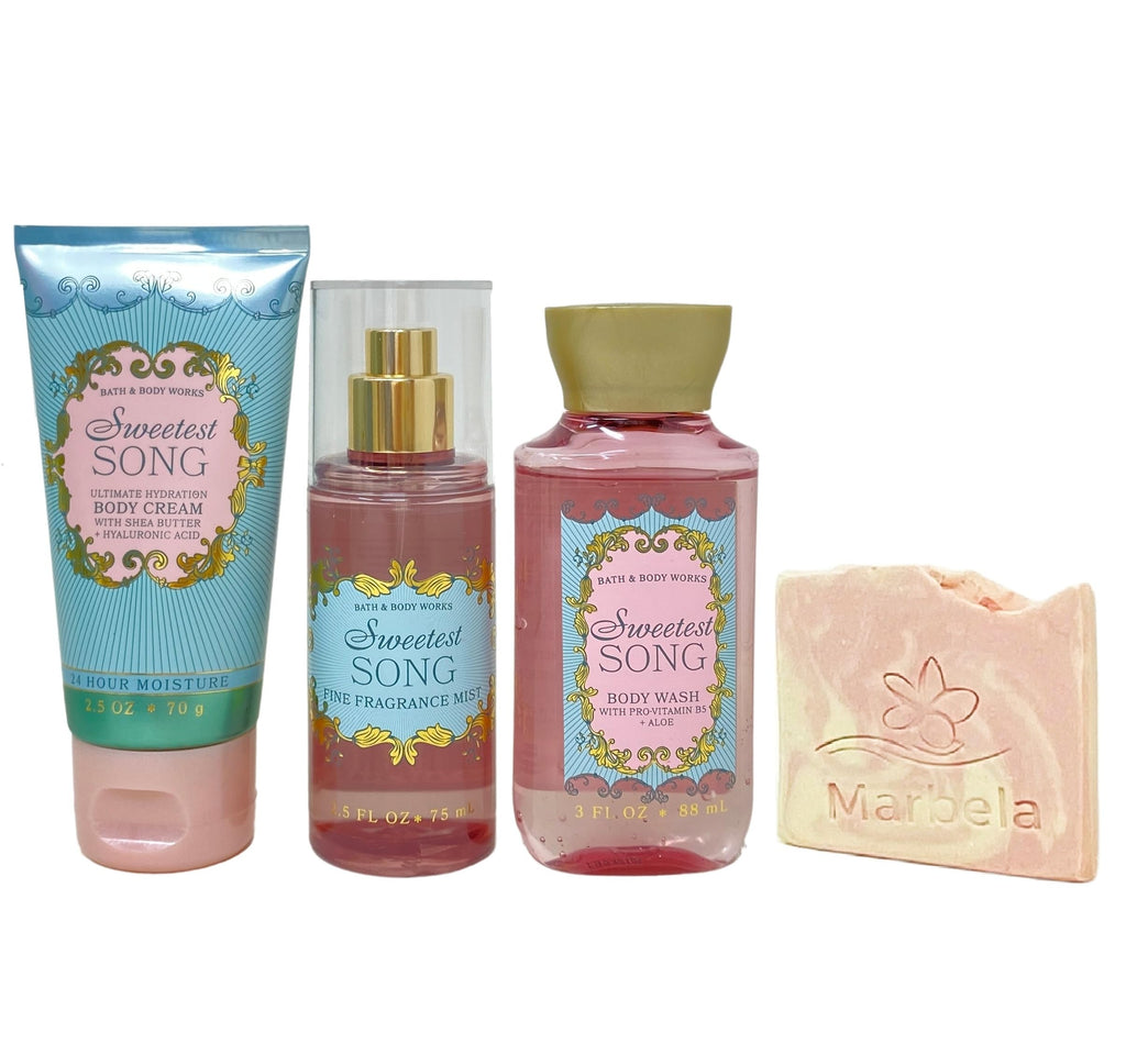 Bath & Body Works Sweetest Song Mini Trio Gift Set - Body Cream, Fragrance Mist and Body Wash - with a Himalayan Salts Sample Soap - Travel Size