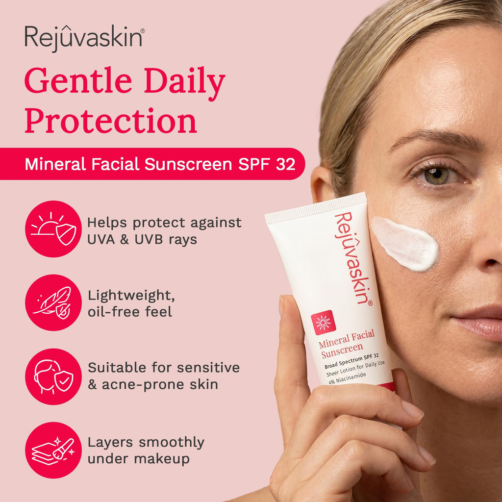 Rejuvaskin Mineral Facial Sunscreen SPF 32, Daily Mineral Sunscreen Face for Sensitive Skin, Broad Spectrum UVA/UVB Protection, Oil Free, Acne Safe Sunscreen, 3.38 fl oz.