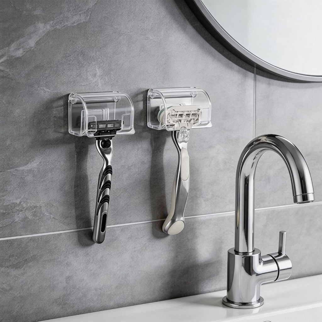 LUEXBOX 2 Pack Razor Holder with Cover for Shower Wall, Self Adhesive Razor Stand Shaver Organizer, Plastic Razor Hanger Hooks Compatible with Fusion 5 Proglide, Mach 3 Classic (Clear)