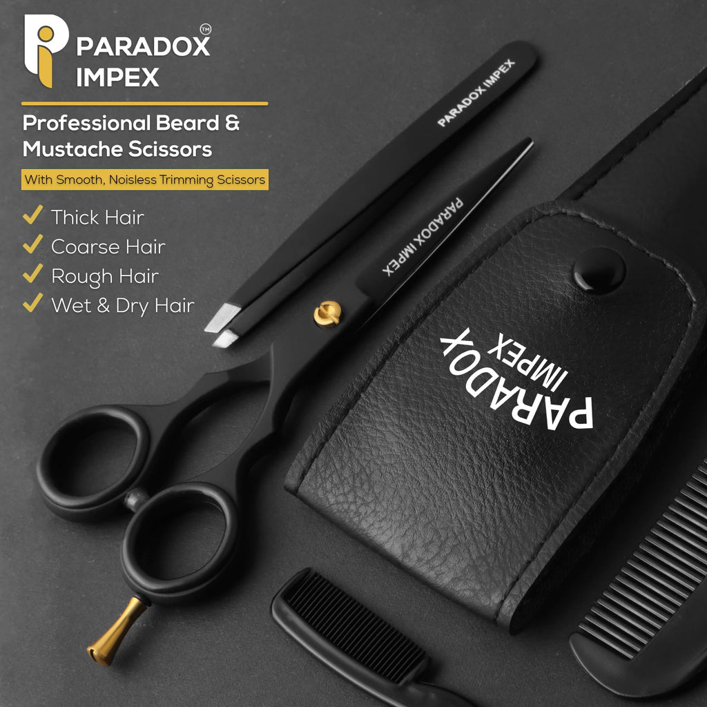 PARADOX IMPEX 5” Beard and Mustache Scissors, German Stainless Steel Beard Scissors Come with 1 Tweezers, 1 Beard Comb, 1 Mustache Comb and Pouch, Hair Scissors for All Facial Hairs. (Black)