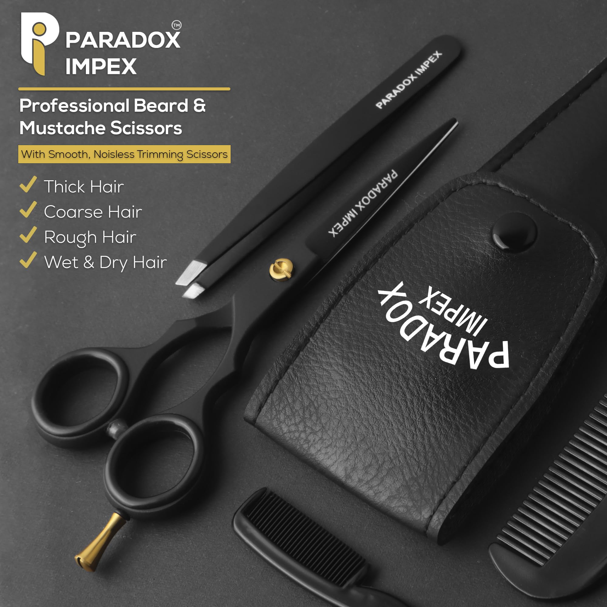 PARADOX IMPEX 5” Beard and Mustache Scissors, German Stainless Steel Beard Scissors Come with 1 Tweezers, 1 Beard Comb, 1 Mustache Comb and Pouch, Hair Scissors for All Facial Hairs. (Black)