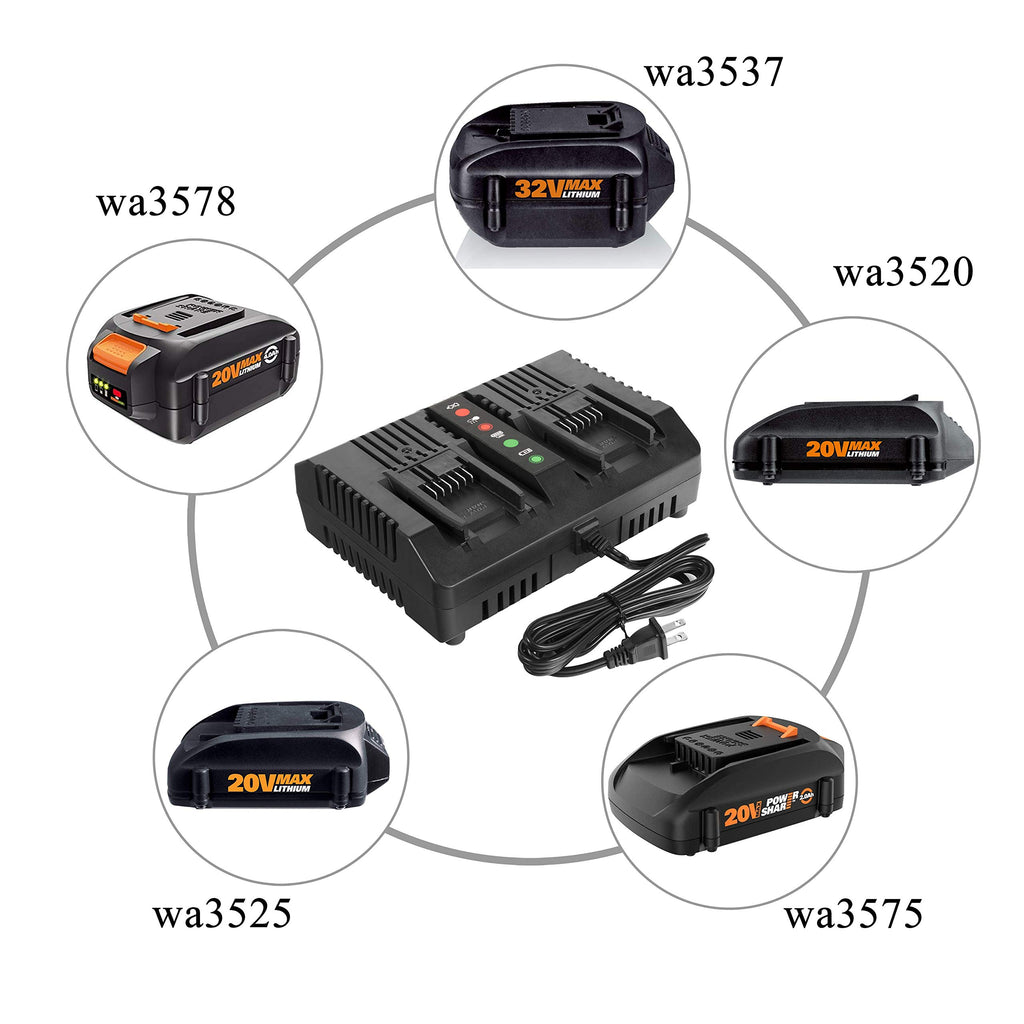 CELL9102 2Packs Replacement Battery 20V and Charger Starter Kit 3.0Ah Lithium Battery Compatible with Worx 20 Volt Cordless Power Tools