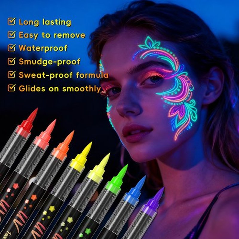 INAFKDPONR 8-color luminous body painting, UV neon face painting pen, luminous face painting kit, washable skin tattoo pen, Halloween party makeup (8 colors)