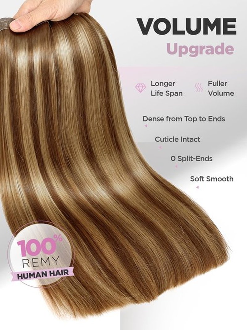 FANCEE OVO Hair Extensions Remy Human Hair 100g PU Holes Wefts with Micro Beads Highlight Honey Blonde Volume Upgrade Butterfly Seamless Weft Invisible Beaded Hair Extension with Tools(T4/27 18 Inch)