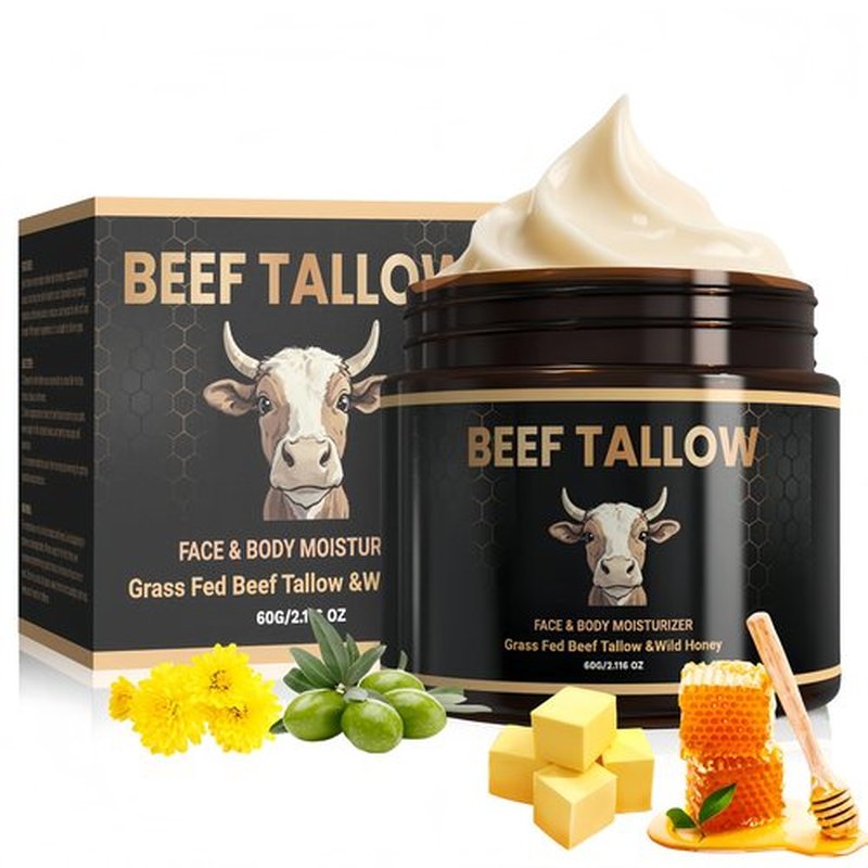 Beef Tallow for Skin, Grass-Fed Beef Tallow and Honey Balm with Olive Oil, Whipped Face Moisturizer Cream for Body, Natural Formula for Dry & Sensitive Skin, Light Scent (2.11 oz, Unscented)